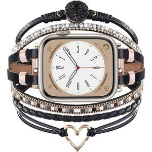 NEW Black/Gold Boho Beaded Leather Apple Watch Band